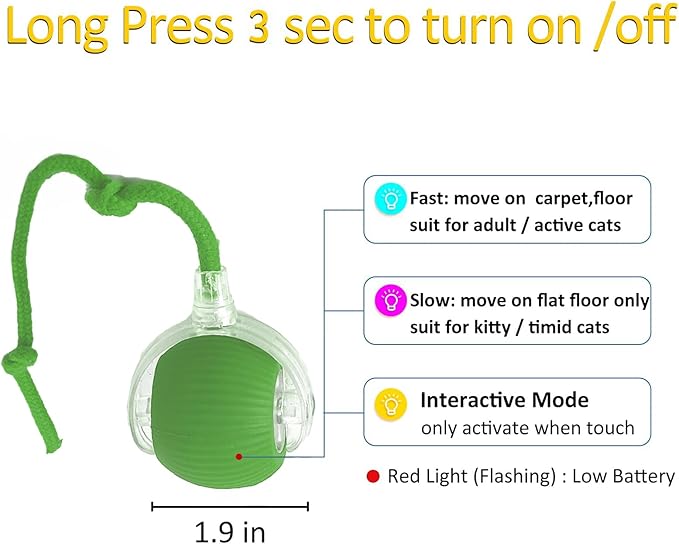 Interactive Cat Toy Ball 2025, Smart Automatic Rolling Ball for Indoor Cats, Fast Moving Mouse Cord Design, Self-Rolling Cat Toy on Carpet, Fun Gift for Kittens & Cats (Green)
