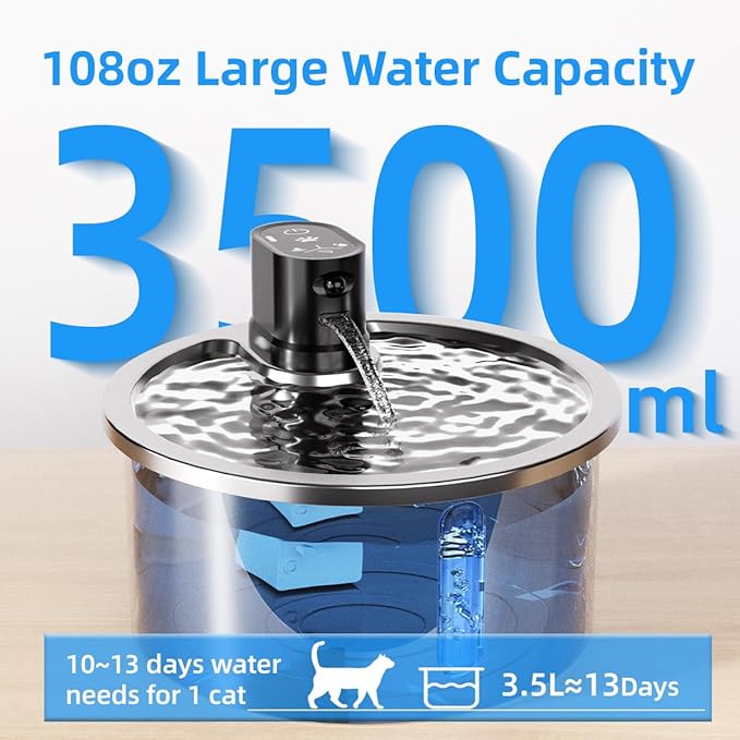 Wireless Cat Water Fountain Stainless Steel Automatic Pet Water Dispenser 4000mAh Battery Operated 3.2L/108oz Large Capacity Water Fountains for Cats Dogs