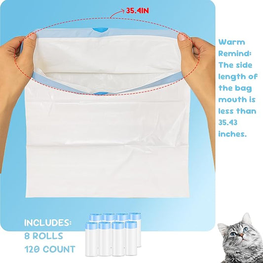 120 Count Cat Litter Box Liners for Self-Cleaning Cat Litter Box, Replacement Kitty Litter Liners, 8 Rolls Drawstring Waste Bags for Small Automatic Litter Boxs, 19.7 x 17.7 Inches（8 Packs/120 Counts）