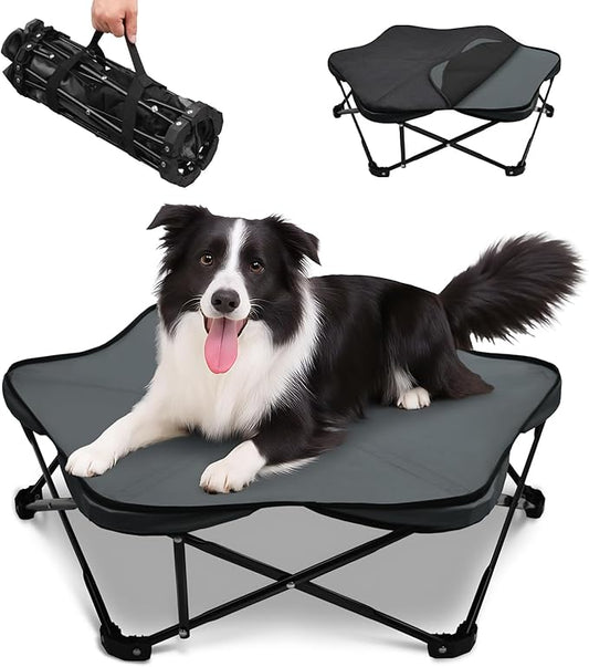 Pozico Hexagonal Elevated Dog Bed, 32" Foldable Pet Cot with Carry Handle, Removable Plush Cushion, Breathable Raised Frame for Medium/Small Dogs – Indoor & Outdoor Use