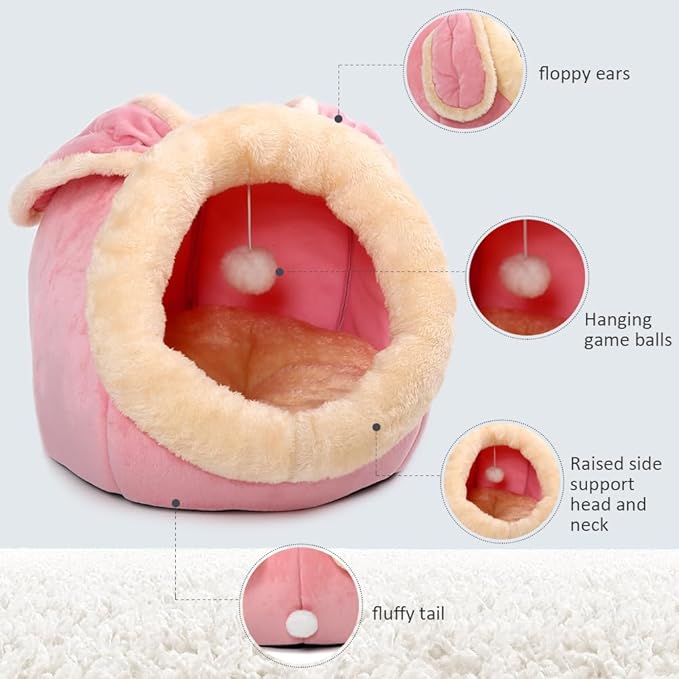 Lcybem Cat Beds for Indoor Cats - Rabbit-Shaped Cat Cave Bed with Hanging Toy,Super Soft Calming cat Tent for Kitten&Puppy,Small Dog,Warm Plush&Machine Washable&Removable Cotton Pad (Pink L)