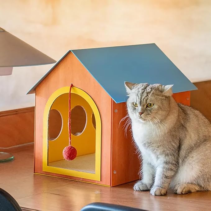 Blue Roof Cat House, Indoor Cardboard Cat Bed with Windows and Hanging Toy Ball, Cozy Cat Condo Hideaway for Kittens and Small Cats