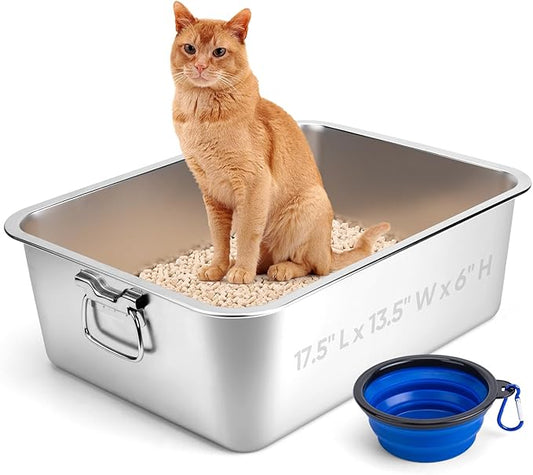 Stainless Steel Litter Box with Handle for Cat and Rabbit, 17.5" L x 13.5" W x 6" H, Odor Control Litter Pan, Fold-able Feeding Plate, Non Stick Smooth Surface