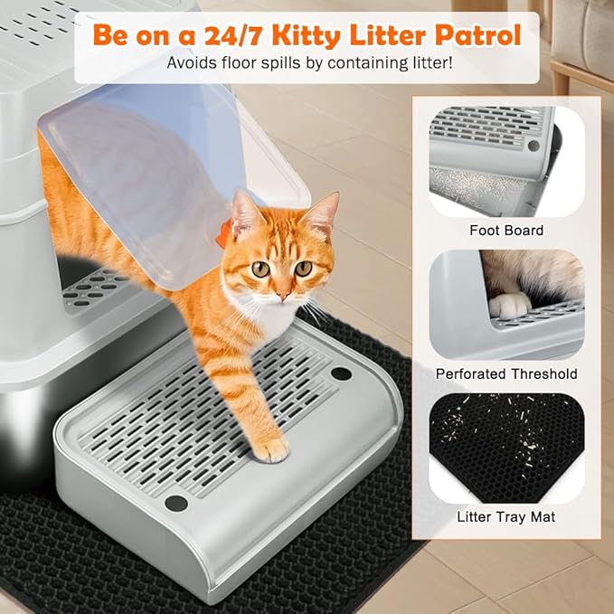 SZEE XL Stainless Steel Litter Box, Top Exit Design, Non Stick, No Smell, Easy Cleaning, Activated Charcoal Odor Control Design, Half/Fully Enclosed Design, Footboard, Trapping Mat & Scoop Included