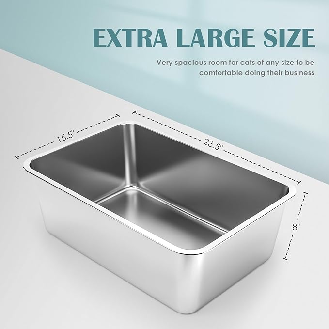 IKITCHEN Stainless Steel Cat Litter Box, Large Metal Litter Box for Cats, Never Absorbs Odors,Stain Free, Rustproof, Non Stick Smooth Surface, Anti-Slip Rubber Bottom, 23.5" L x 15.5" W x 8" H