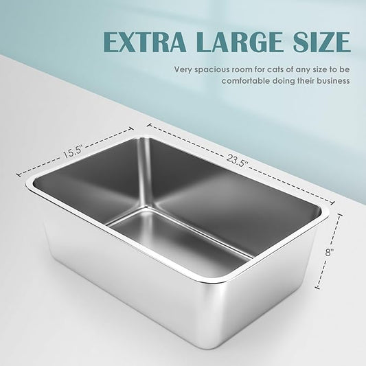 IKITCHEN Stainless Steel Cat Litter Box, Large Metal Litter Box for Cats, Never Absorbs Odors,Stain Free, Rustproof, Non Stick Smooth Surface, Anti-Slip Rubber Bottom, 23.5" L x 15.5" W x 8" H