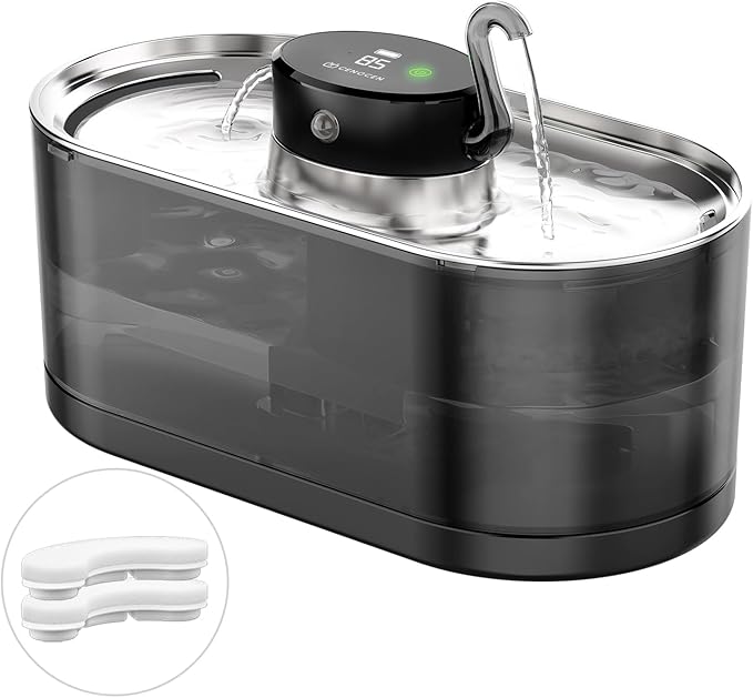 Cat Water Fountain Cordless, 108oz/3.2L Wireless Cat Fountains for Drinking, Pet Water Fountains for Cats Indoor, Automatic Cat Water Dispenser Battery Operated Rechargeable, Stainless Steel Black