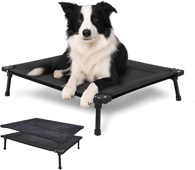 Pozico Elevated Outdoor Dog Bed - Foldable Cooling Dog Cot with Metal Frame, Portable Camping Pet Bed for Medium & Small Dogs, Breathable Mesh for Indoor & Outdoor Use, Black - L