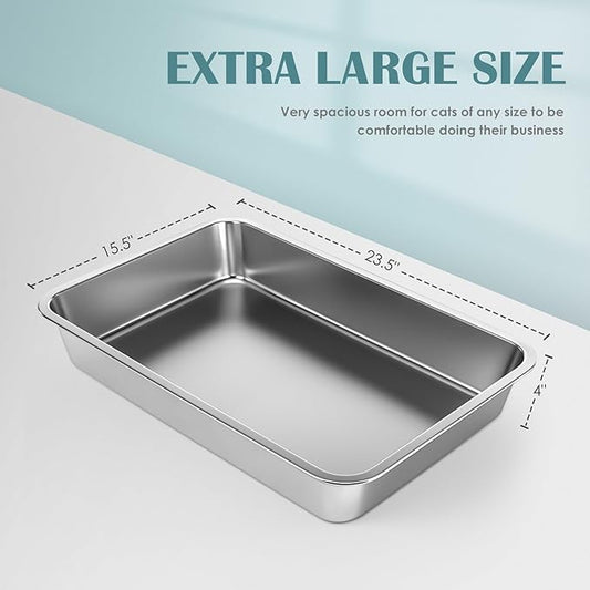 IKITCHEN Stainless Steel Cat Litter Box, Large Metal Litter Box for Cats, Never Absorbs Odors,Stain Free, Rustproof, Non Stick Smooth Surface, Anti-Slip Rubber Bottom, 23.5" L x 15.5" W x 4" H
