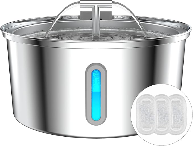 Cat Water Fountain Stainless Steel, 0.8gal/108oz Pet Water Fountain, 3 Replacement Filters, Automatic Cat Fountain with Quiet Pump Suitable for Cats, Dogs and Multi-pet households (Window)