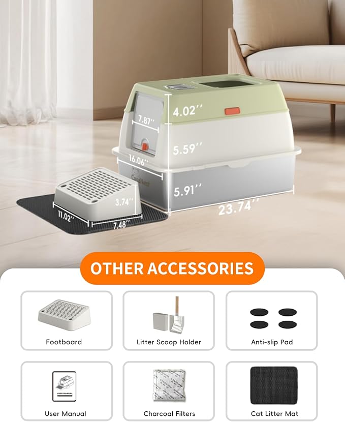 XL Extra Large Stainless Steel Cat Litter Box with Lid, 3-in-1 Enclosed/Open, Durable Metal Litter Box for Big, Multi Cats, Non-Stick, Odor Control, Easy Cleaning, Durable ABS Lid, Green