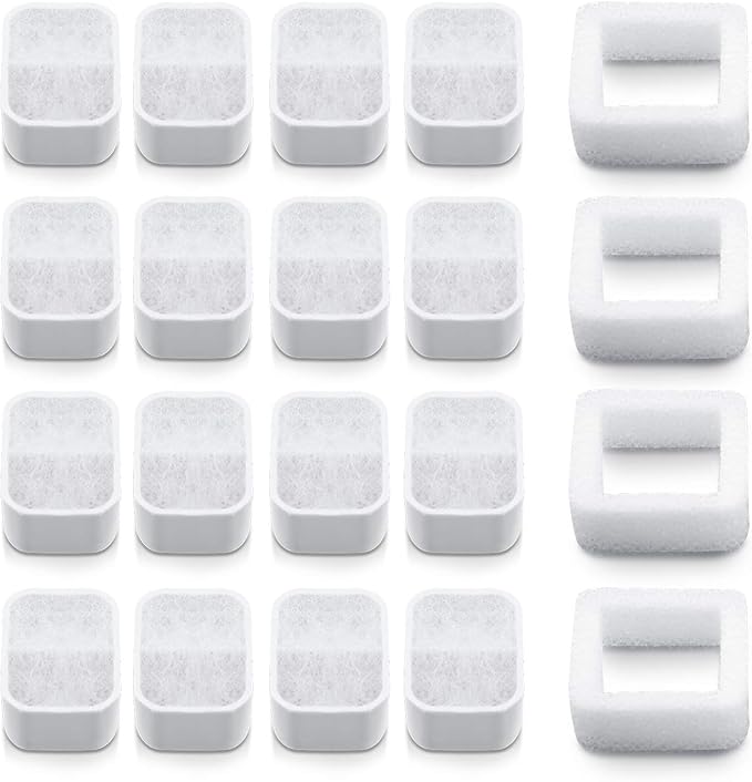 Ceramic Cat Water Fountain Replacement Filters, 16 Pack Pet Fountain Replacement Filters and 4 Pack Foam Filters for Tritone/Fiumi Ceramic Pet Lotus Ceramic Pet Drinking Fountain