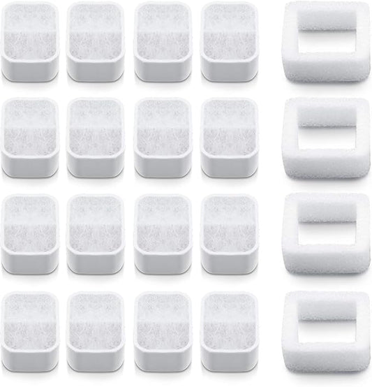 Ceramic Cat Water Fountain Replacement Filters, 16 Pack Pet Fountain Replacement Filters and 4 Pack Foam Filters for Tritone/Fiumi Ceramic Pet Lotus Ceramic Pet Drinking Fountain