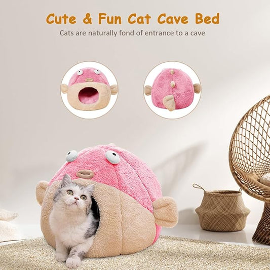 Cat Beds for Indoor Cats - Cat Bed Cave with Removable Washable Cushioned Pillow, Soft Plush Premium Cotton No Deformation Pet Bed, Lively Pufferfish Cat House Design, Pink, Multiple Sizes(M)