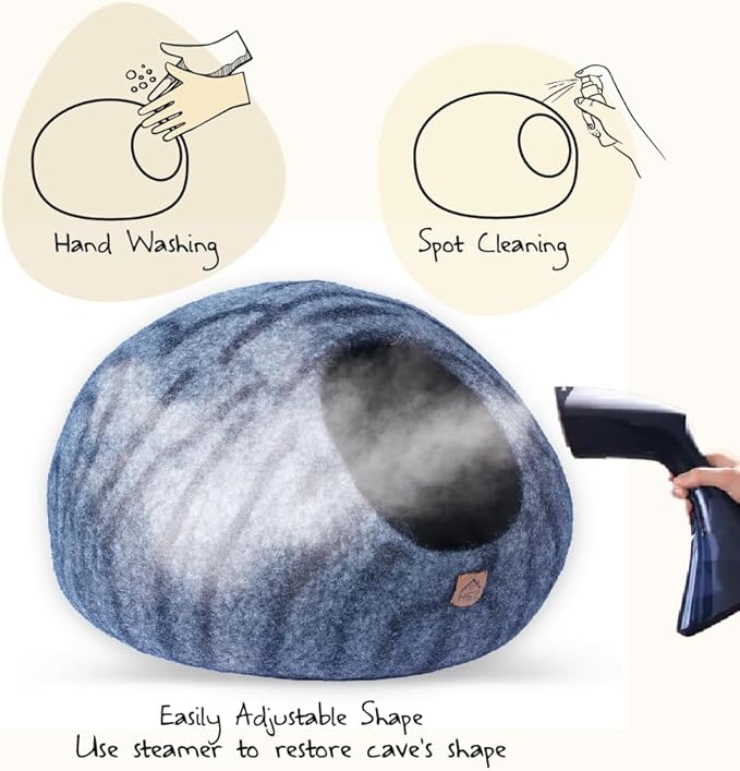 Large Wool Cat Cave Premium Felt Bed for Cats & Kittens Pet House Natural 100% Merino Wool Handmade Indoor Hideaway Eco-Friendly Cove 19 Inch Diameter Round Handcrafted Dome (Dark Gray Tiger)