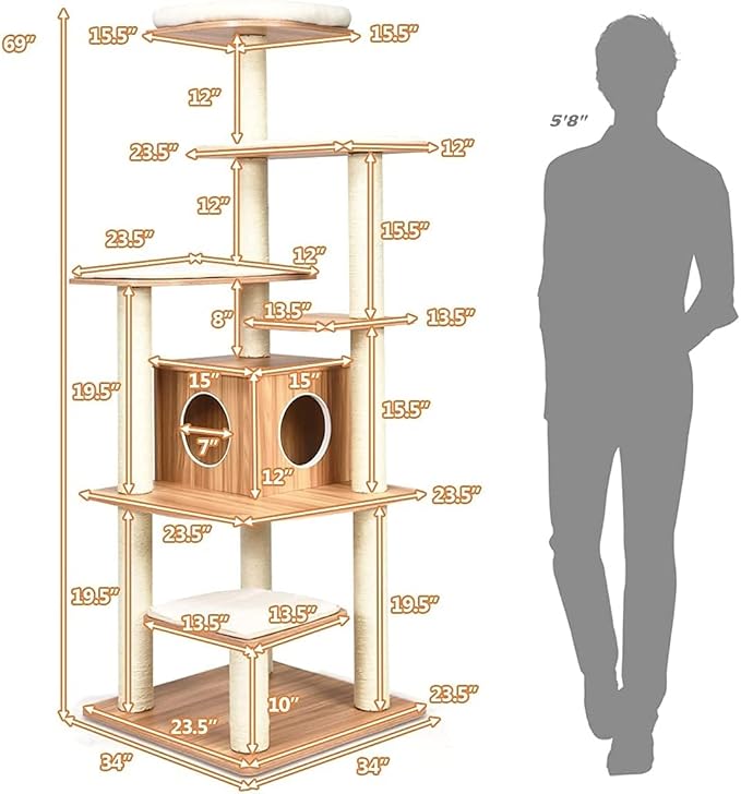 Tangkula Tall Cat Tree, 69-Inch Modern Cat Tower with Sisal Rope Scratching Posts, Wood Cat Tree with Multi-Layer Platform, Cat Condo Furniture with Washable Cushions for Indoor Cats Large Adult