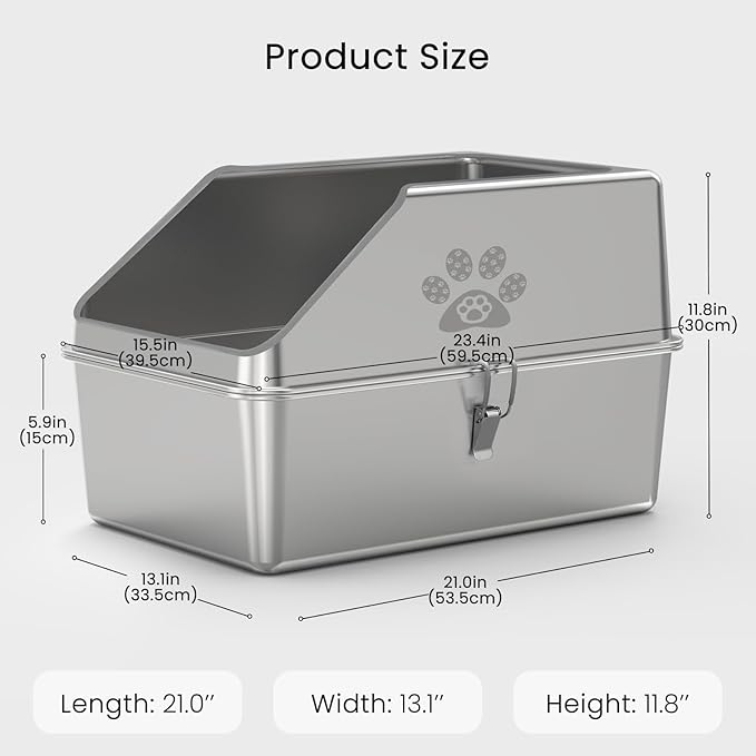 KPWACD Enclosed Stainless Steel Cat Litter Box with Lid, XL Extra Large Non-Stick Metal Litter Pan for Big Cats, High-Sided Kitten Toilet Enclosure, Non-Stick, Anti-Leakage, Easy Cleaning