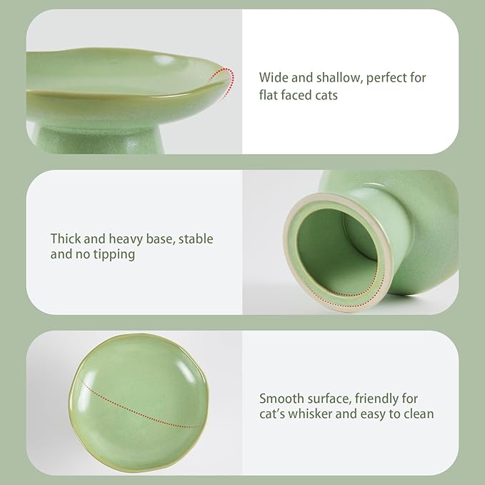 Wide Shallow 6.1" Raised Cat Bowls, Ceramic Elevated Food Bowl for Flat Faced Cats and Small Dogs, Porcelain Feeder Bowl, Stress Free, Protect Cat’s Spine, Green