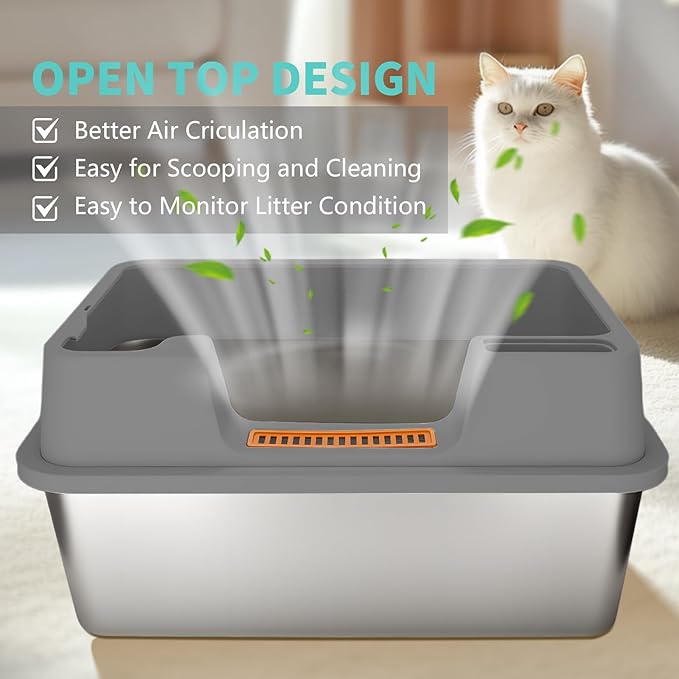 XL Stainless Steel Litter Box with Lid - 23.7"×15.7"×10.6" High Sided Metal Tray for Big/Multi-Cats, Anti-Leak Easy Clean Scoop & Foot Mat (Grey)