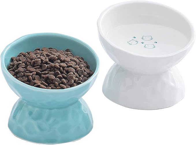 OMAYKEY Ceramic Raised Cat Bowls, Tilted Elevated Cat Food and Water Bowl Set, Porcelain Stress Free Pet Feeder Dish for Cats and Small Dogs, Dishwasher and Microwave Safe, White & Green, Set of 2