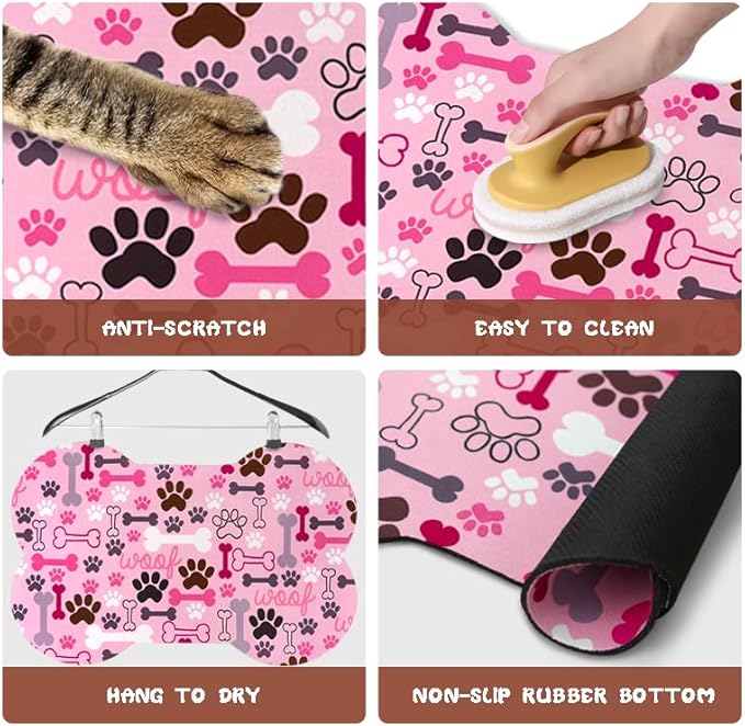 Dog Food Mats for Floors Waterproof, Pet Feeding Absorbent Water Bowl Mat Cat Placemats Pink Bone Shape 25.5 * 17 inch