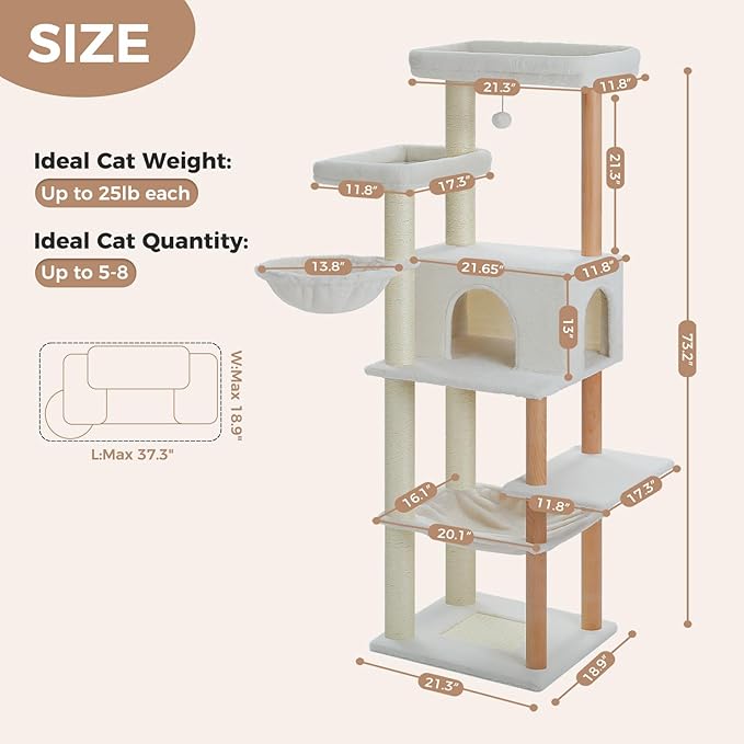 PAWZ Road Large Cat Tree, 73 Inches Tall Wooden Cat Tower with 2 Spacious Hammocks,2 Big Top Beds,8 Fully Scratching Posts and Natural Wood Posts, Multi Cat Tree for Indoor Cats Large Adult-XL