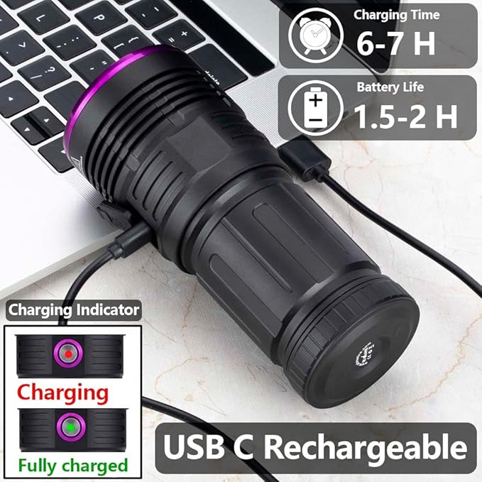 ALONEFIRE SV84 365nm UV Flashlight Strong 45W USB C Rechargeable Black Light for Pet Urine Detection, Resin Curing, Scorpion, Fishing, Minerals, Cure Glue with UV Protective Glasses, 4PCS Battery