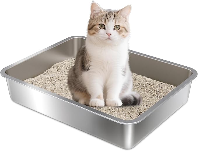 Stainless Steel Litter Box,Small to Medium Litter Box for Kitten 17.7" x 13.7" x 4",Easy Clean Non Stick Easy Entry No Smell Metal Litterbox for Kitty Senior Cat/Rabbits