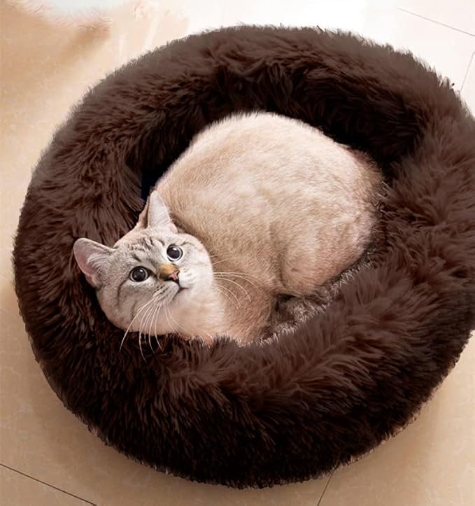 Generic Cat Beds for Indoor Cats - Fluffy Plush Dog Beds for Small Medium Dogs, Anti Anxiety Round Faux Fur Cat Bed Washable,Thick Bottom Keep Pets Off The Cold Tile, coffee