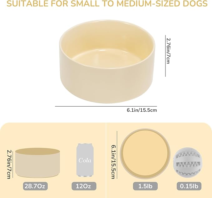 SPUNKYJUNKY 28.7OZ Ceramic Dog and Cat Bowl, Modern Cute Weighted Food Water Bowl for Replacement Beige (2 Pack)