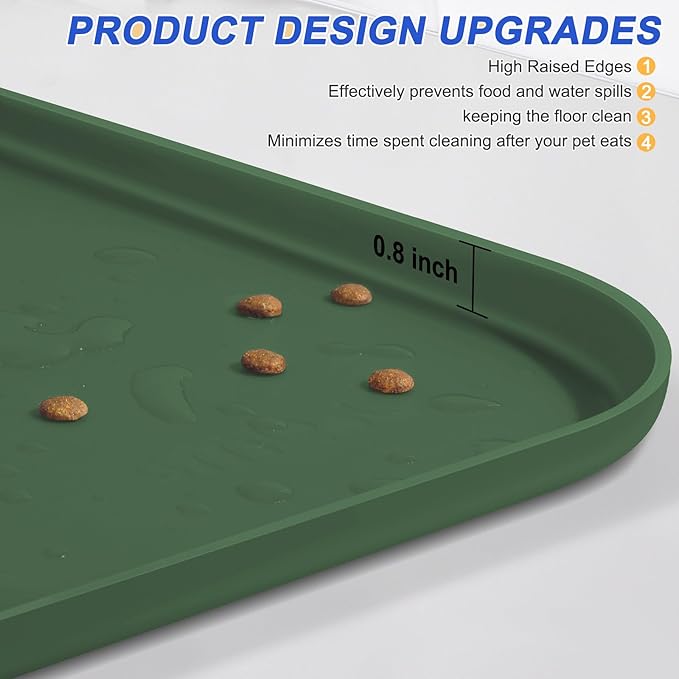 Silicone Pet Feeding Mat with Raised Edge for Food and Water, Dog Bowl Mats, Cat Bowls Placemat with High Lip for Floor Waterproof, Rubber Tray for Cats and Dogs 24 x 16 x0.8 Dark Olive