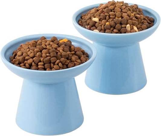 Extra Wide Elevated Ceramic Cat Bowl, 6.2" Shallow Dish for Whisker Fatigue Relief, 5" Height for Easy Feeding, Durable Raised Cat Food Bowls, Pack of 2, Blue