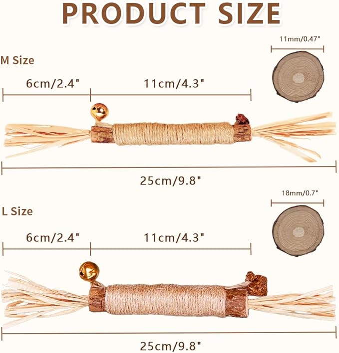 Natural Dried Matatabi Cat Chew Stick with Gall Fruit, Raffia Grass & Bell Cat Ball Toys, Handmade Silvervine Sticks Interactive Catnip Toy for Teething & Entertainment (Size M Color B)