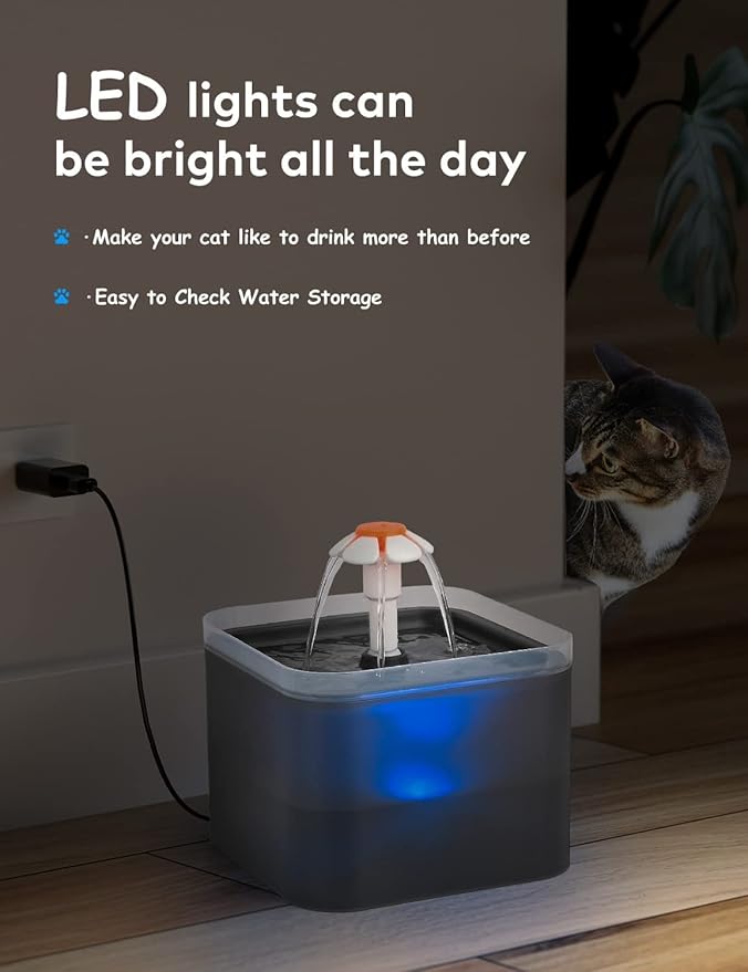 Cat Water Fountain 2 Liter : Cat Fountains for Drinking with Light - Small Pet Water Fountain - Kitty Water Fountain Cute - Cat Fountains for Drinking Easy to Clean - Including 4 Filters + 2 Sponges