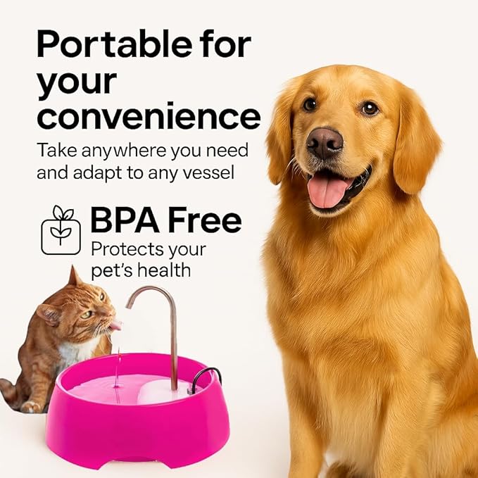 Aqua MINI Portable Pet Water Fountain - Automatic Drinking Bowl for Cats and Dogs - Stainless Steel Faucet - Replaceable Filters - Easy Cleaning - Ideal for Multiple Pets - 1.2L/42 fl oz - Pink