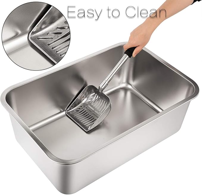 Yangbaga Stainless Steel Litter Box for Cat and Rabbit, Large Size with 8in High Sides and Non Slip Rubber Feet. Odor Control, Non Stick Smooth Surface, Easy to Clean, Never Bend