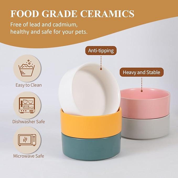 Elevated Ceramic Cat Bowl - Cat Food Bowl with Bamboo Stand - Raised Dog Dish for Puppies - Anti Vomiting, Stress Free - 13.5 oz / 400 ml - Yellow
