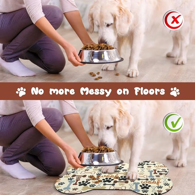 Dog Food Mats for Floors Waterproof, Pet Feeding Absorbent Water Bowl Mat Cat Placemats Beige Bone Shape 19 * 12 inch