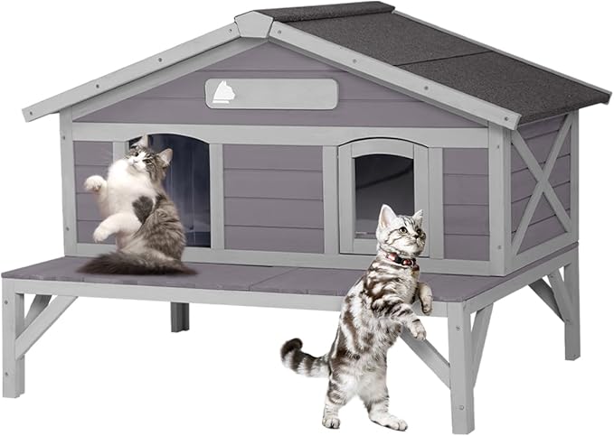 Outdoor Cat House Weatherproof Large Cat Shelter with Balcony Indoor Kitty Shelter Condos with Escape Doors