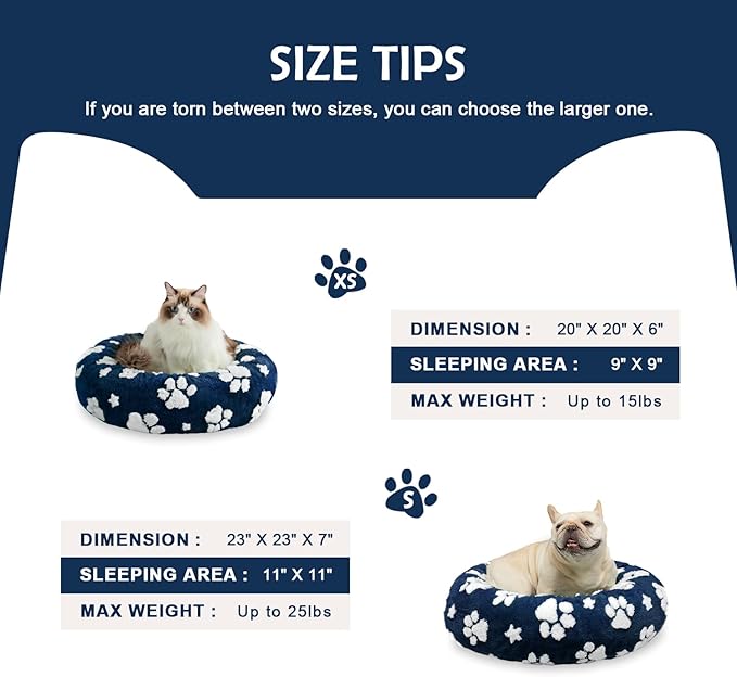 Donut Dog Beds for Small Dogs, Calming Round Cat Beds for Indoor Cats, Cute 3D Textured Paw Pet Bed with Removable Washable Cover and Anti-Slip Bottom（Navy Blue，20"）