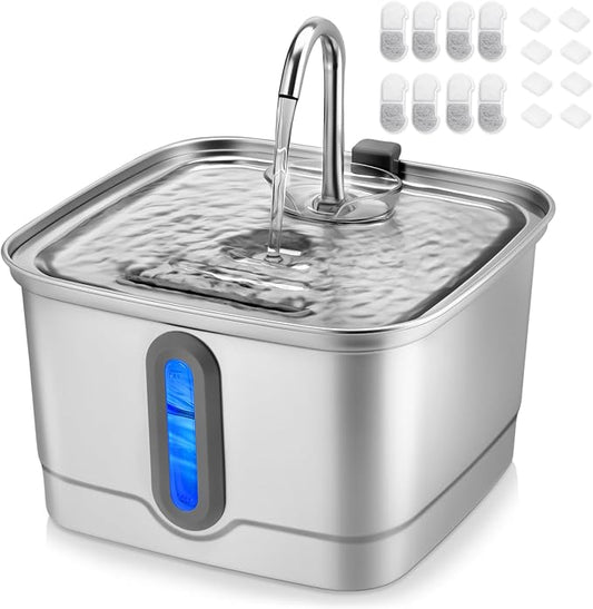 Stainless Steel Cat Water Fountain, 101oz/3L Automatic Pet Water Fountain, Dog Water Fountain with Replacement Filters for Cats, Small Dogs (8 Filters and 8 Sponges)