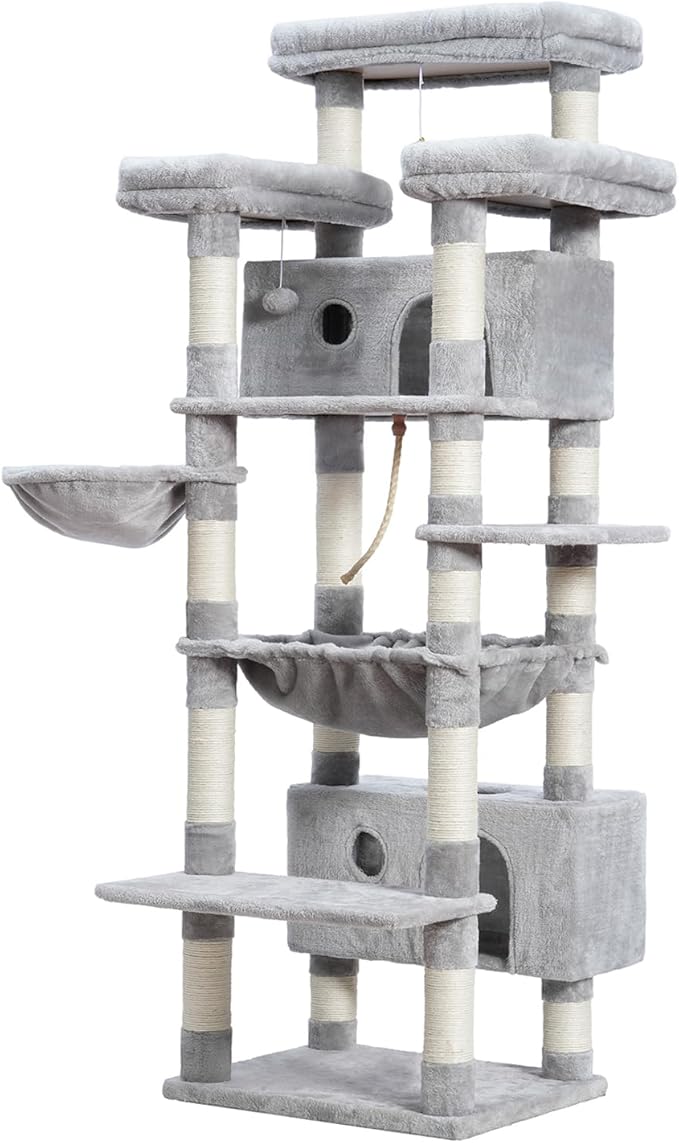 Cat Tree for Indoor Cats Large Adult, 74" Cat Tower with 3 Big Platforms, 2 Baskets, 2 Condos, Multi-Level Cat Scratching Posts, Light Gray GCT030W