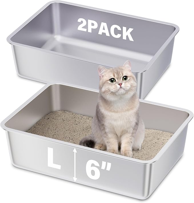 Stainless Steel Litter Box 2 Pack,19.7"x13.7"x6" Large Metal Litter Box for Kitty/Cat/Rabbits, Easy to Clean, Non Stick Litterbox No Smell for Adult Cats