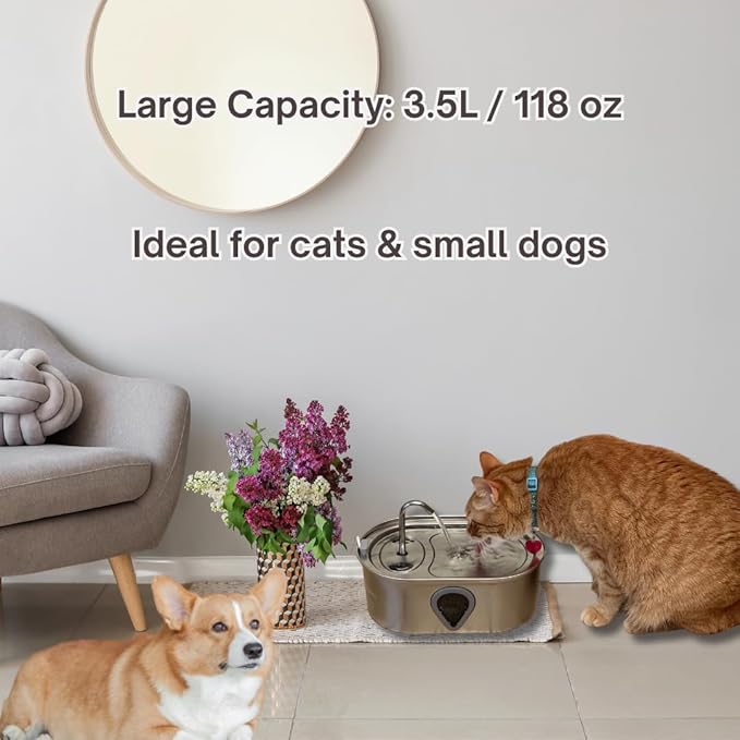 Stainless Steel Cat Water Fountain – 3.5L/118oz Automatic Pet Water Dispenser with LED Light, Quiet Pump
