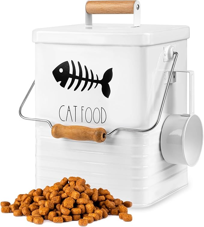 Cat Food Storage Container with Scoop - 5-7 lb Metal Cat Treat Container with Wood Handle, Pet Snacks Canisters with Airtight Lid & Dry Food Scoop for Kibble & Treats, Kitchen Counter Organizer