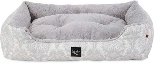 Nicole Miller New York PET Mod Damask Plushy Bolster Pet Bed, Cozy & Calming, Non-Slip Bottom, Machine Washable Cover, Grey, Small 24"x19"x7"