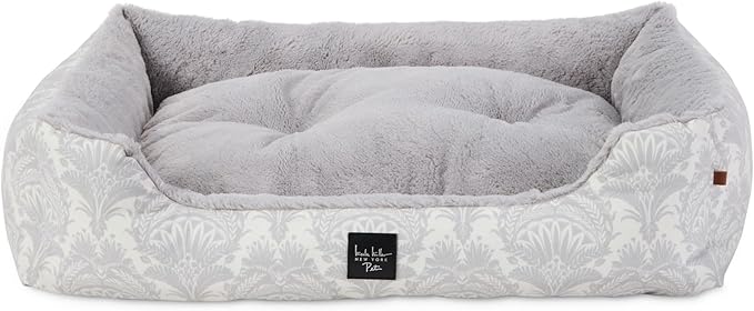 Nicole Miller New York PET Mod Damask Plushy Bolster Pet Bed, Cozy & Calming, Non-Slip Bottom, Machine Washable Cover, Grey, Medium 30"x23"x8"