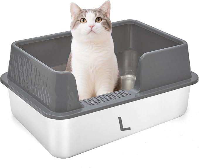 Enclosed Stainless Steel Cat Litter Box with Lid Large Litter Box for Cats Metal Litter Pan Tray with High Sides Scoop & Litter Mat Inside, Non-Sticky Anti Leakage Easy Cleaning (Grey, L)