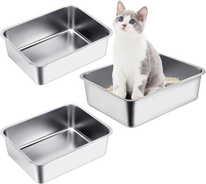 Gerrii 3 Packs Extra Large Stainless Steel Litter Box for Cat with High Sides, Non Stick Smooth Surface, Easy to Clean for Cat Bunny(23.6 x 15.7 x 5.9'')