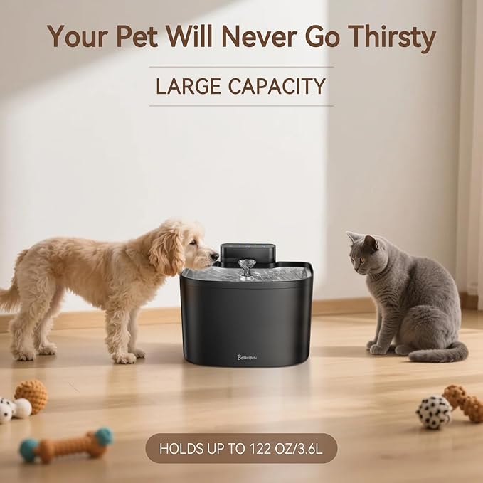 Cat Water Fountain, 122oz/3.6L Pumpless Cat Fountain, Cordless Water Fountains for Cats Indoor, Dog Pet Water Fountain Battery Operated with Stainless Steel Tray (Black, Fountain+2 Fliters)